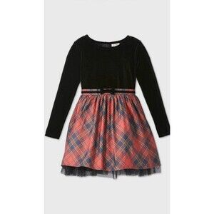Cat & Jack Black Velvet Red Tulle Tutu Plaid Shimmer Dress New Size XS 4/5